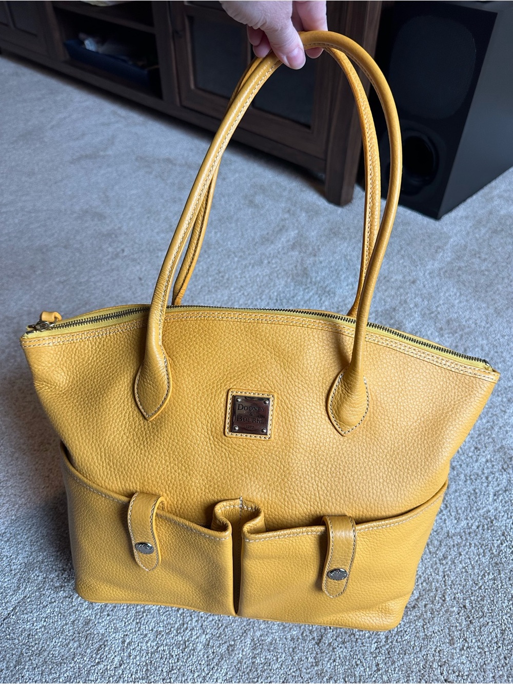 Dooney & Bourke Yellow Pebbled Leather Tote with Front Pockets